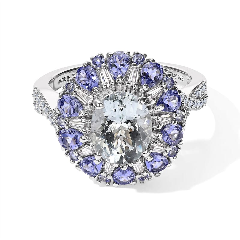 D'Joy Premium Mangoro Santo Aquamarine and Multi Gemstone 4.50 ctw Blooming Radiance Ring in Rhodium Over Sterling Silver (Size 10.0)