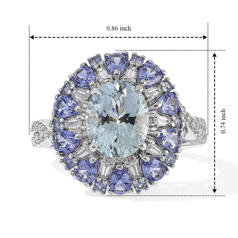 D'Joy Premium Mangoro Santo Aquamarine and Multi Gemstone 4.50 ctw Blooming Radiance Ring in Rhodium Over Sterling Silver (Size 10.0)