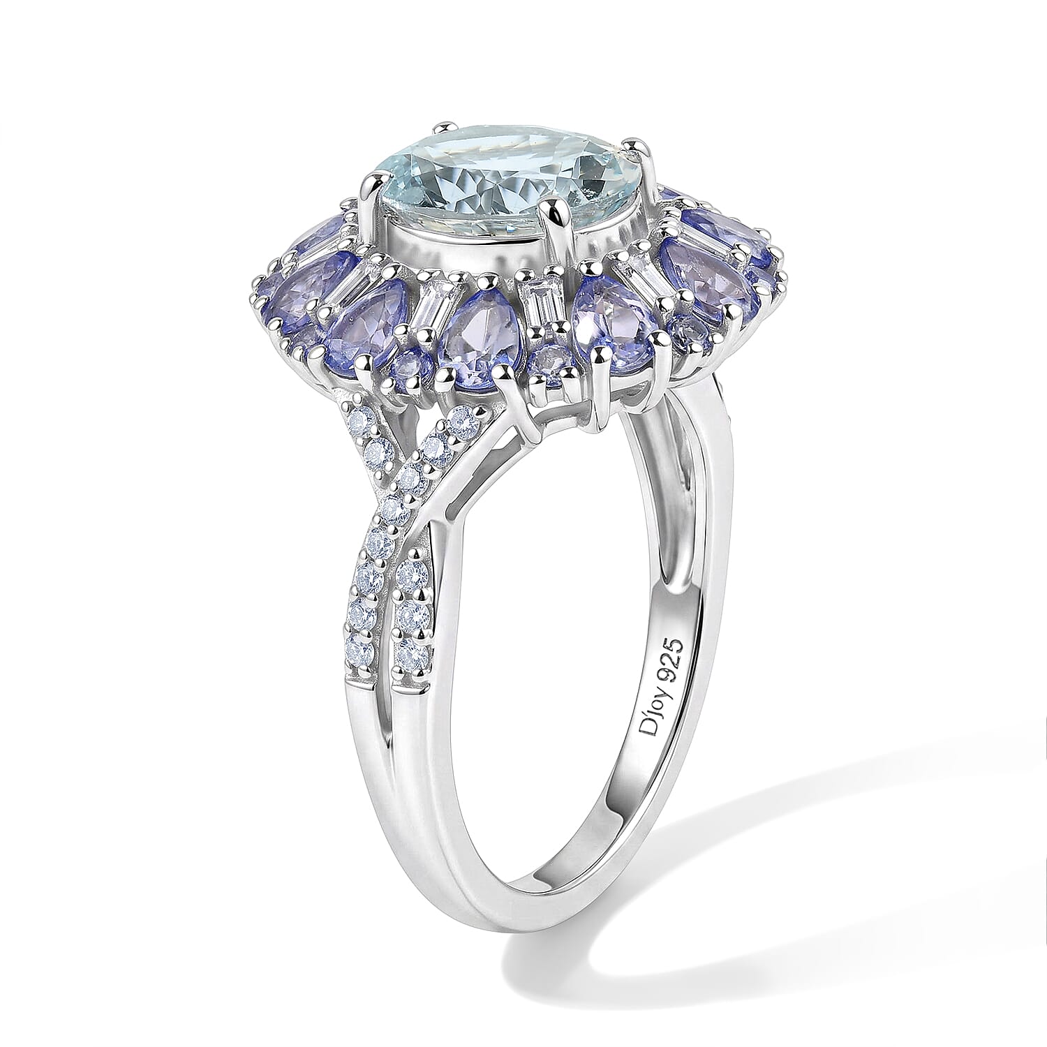 D'Joy Premium Mangoro Santo Aquamarine and Multi Gemstone 4.50 ctw Blooming Radiance Ring in Rhodium Over Sterling Silver (Size 6.0)