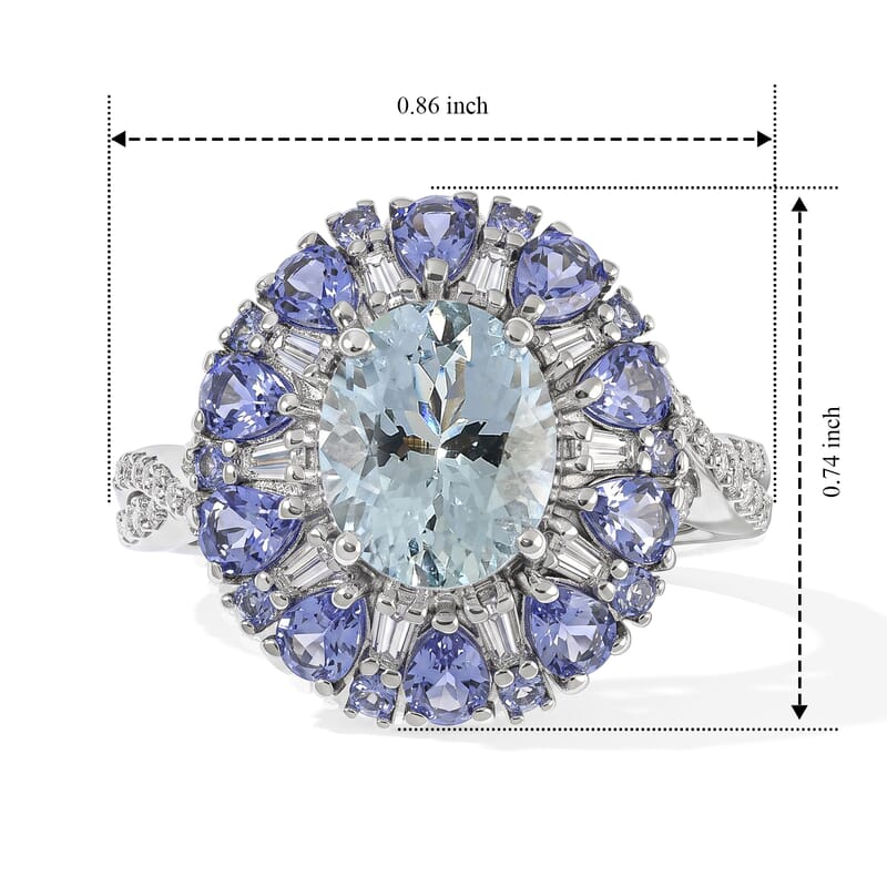 D'Joy Premium Mangoro Santo Aquamarine and Multi Gemstone 4.50 ctw Blooming Radiance Ring in Rhodium Over Sterling Silver (Size 6.0)