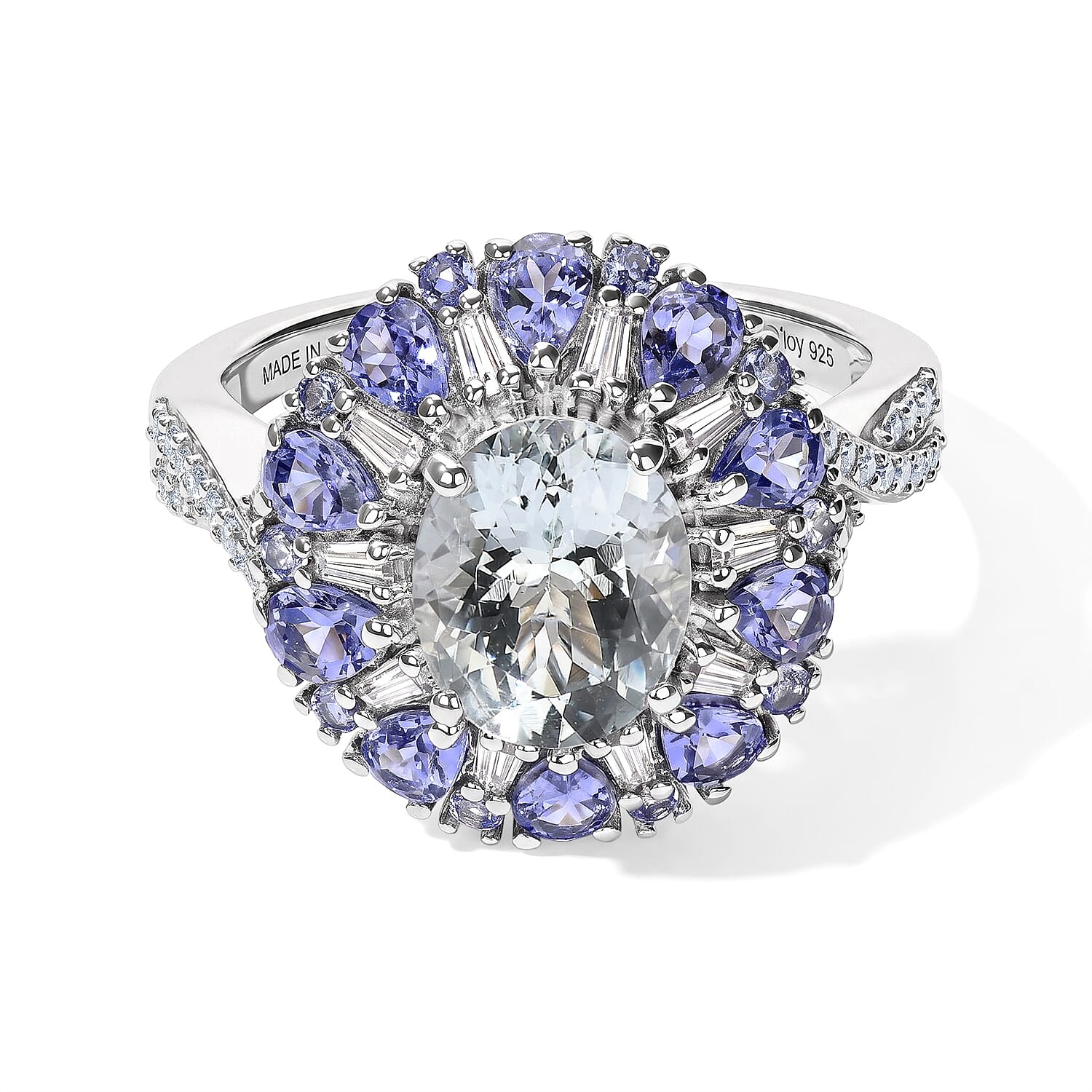 D'Joy Premium Mangoro Santo Aquamarine and Multi Gemstone 4.50 ctw Ring in Rhodium Over Sterling Silver (Size 9.0)