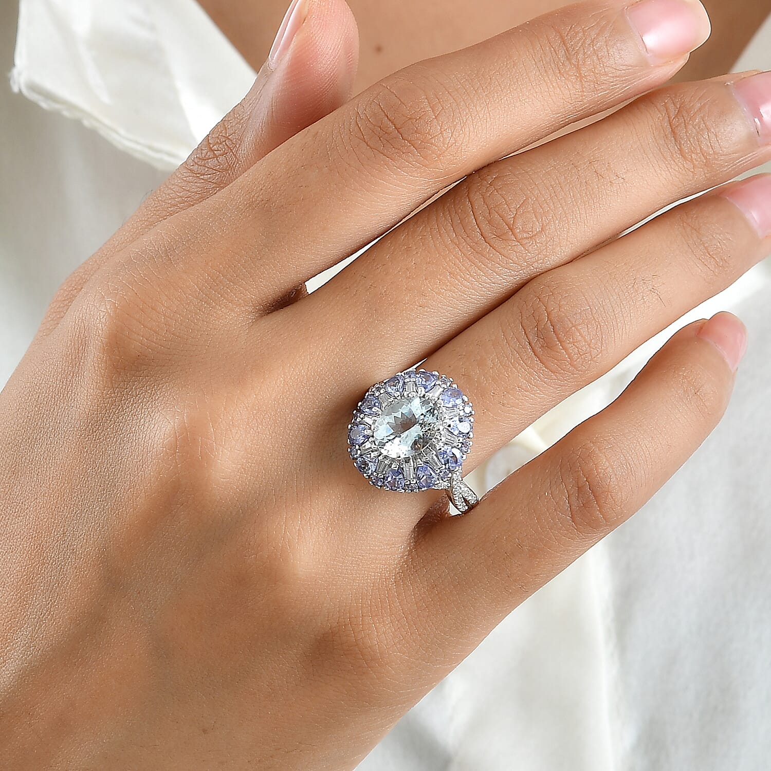 D'Joy Premium Mangoro Santo Aquamarine and Multi Gemstone 4.50 ctw Ring in Rhodium Over Sterling Silver (Size 9.0)