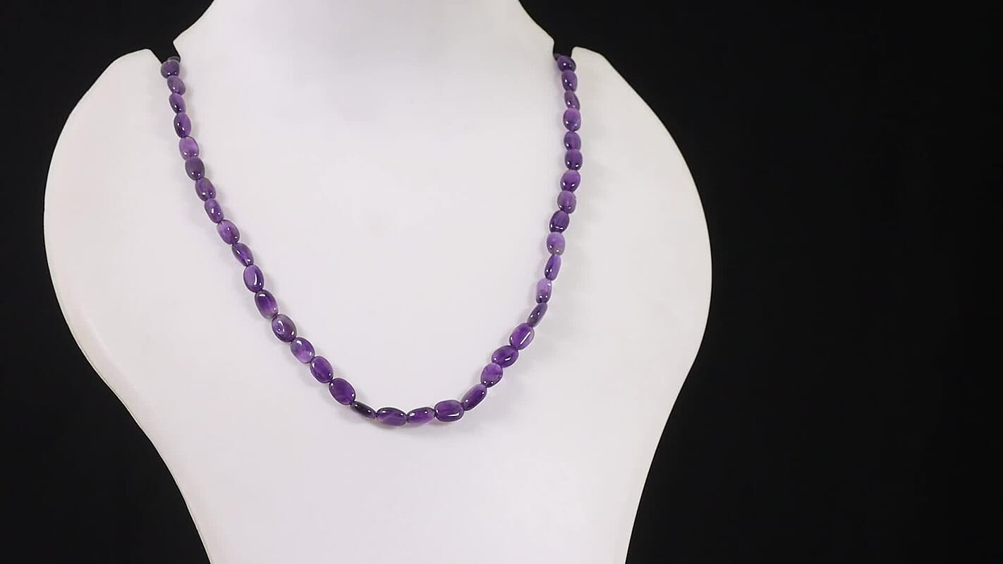EverTrue Premium African Amethyst Beaded Necklace (18 Inches) in Stainless Steel 92.00 ctw