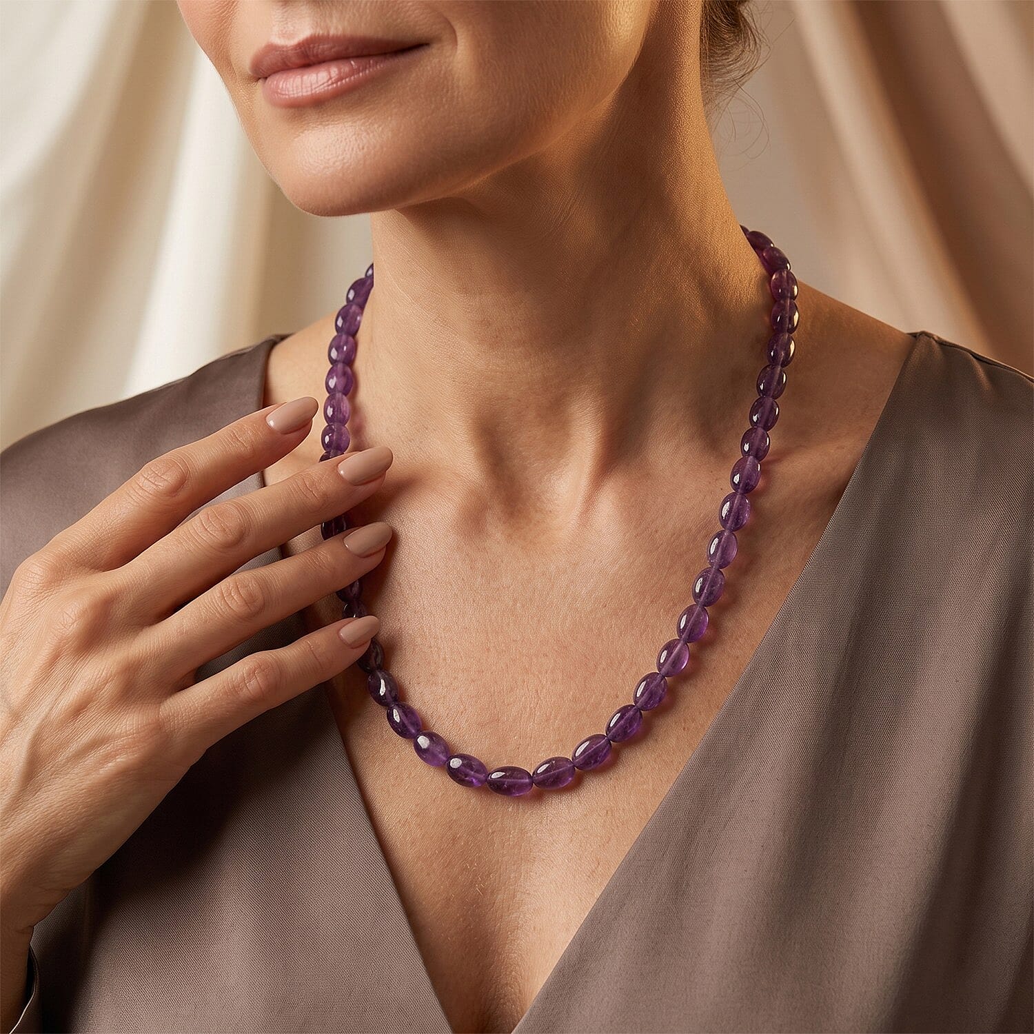 EverTrue Premium African Amethyst 92.00 ctw Beaded Necklace (18 Inches) in Stainless Steel