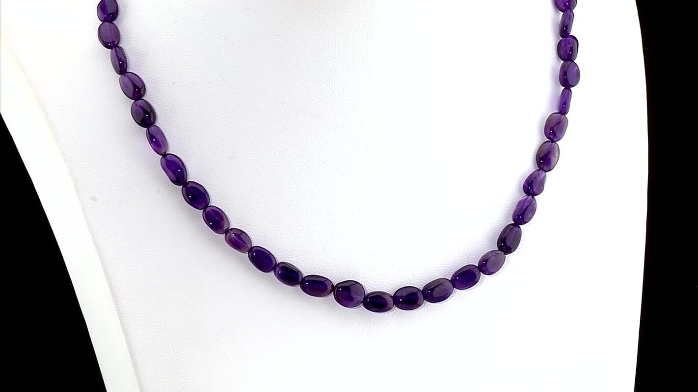 EverTrue Premium African Amethyst Beaded Necklace (18 Inches) in Stainless Steel 92.00 ctw