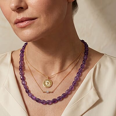 EverTrue Premium African Amethyst 92.00 ctw Beaded Necklace (18 Inches) in Stainless Steel