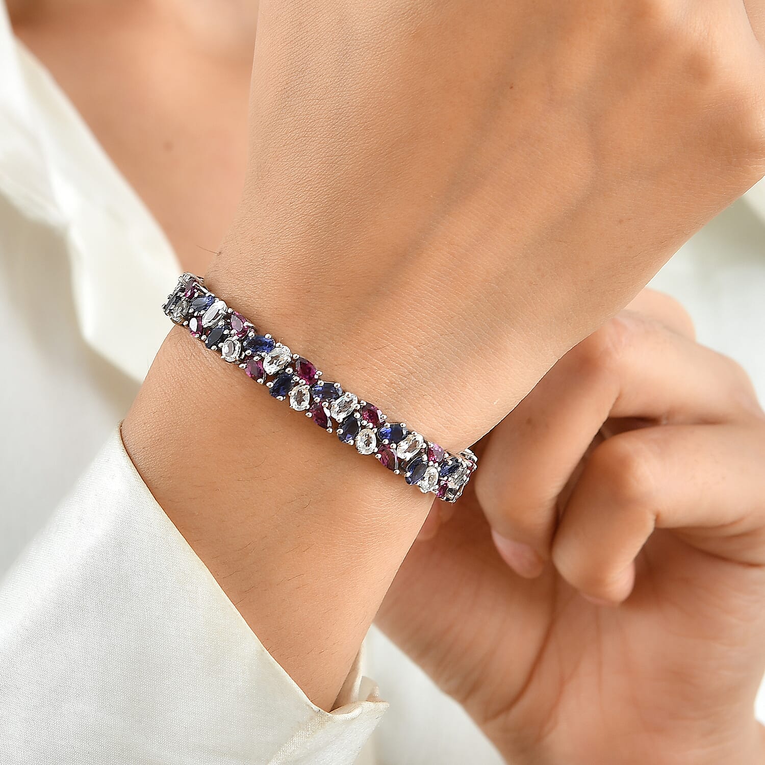 D'Joy Multi Gemstone 20.85 ctw Bracelet in Rhodium Over Sterling Silver (7.25 In)