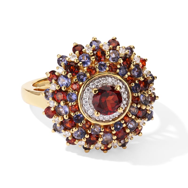 D'Joy Premium Mozambique Garnet and Multi Gemstone 2.80 ctw Round Starburst Ring in 18K Vermeil Yellow Gold Over Sterling Silver (Size 6.0)