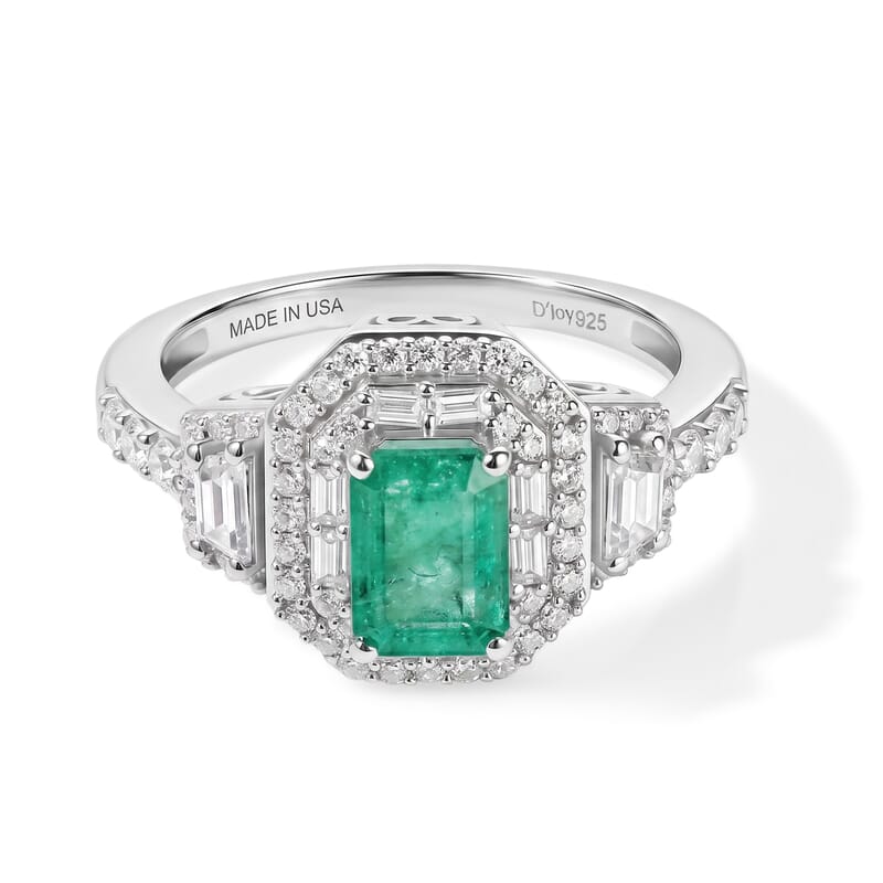 D'Joy Premium Kagem Zambian Emerald and Moissanite 2.60 ctw Octagon Doorway Ring in Rhodium Over Sterling Silver (Size 5.0)