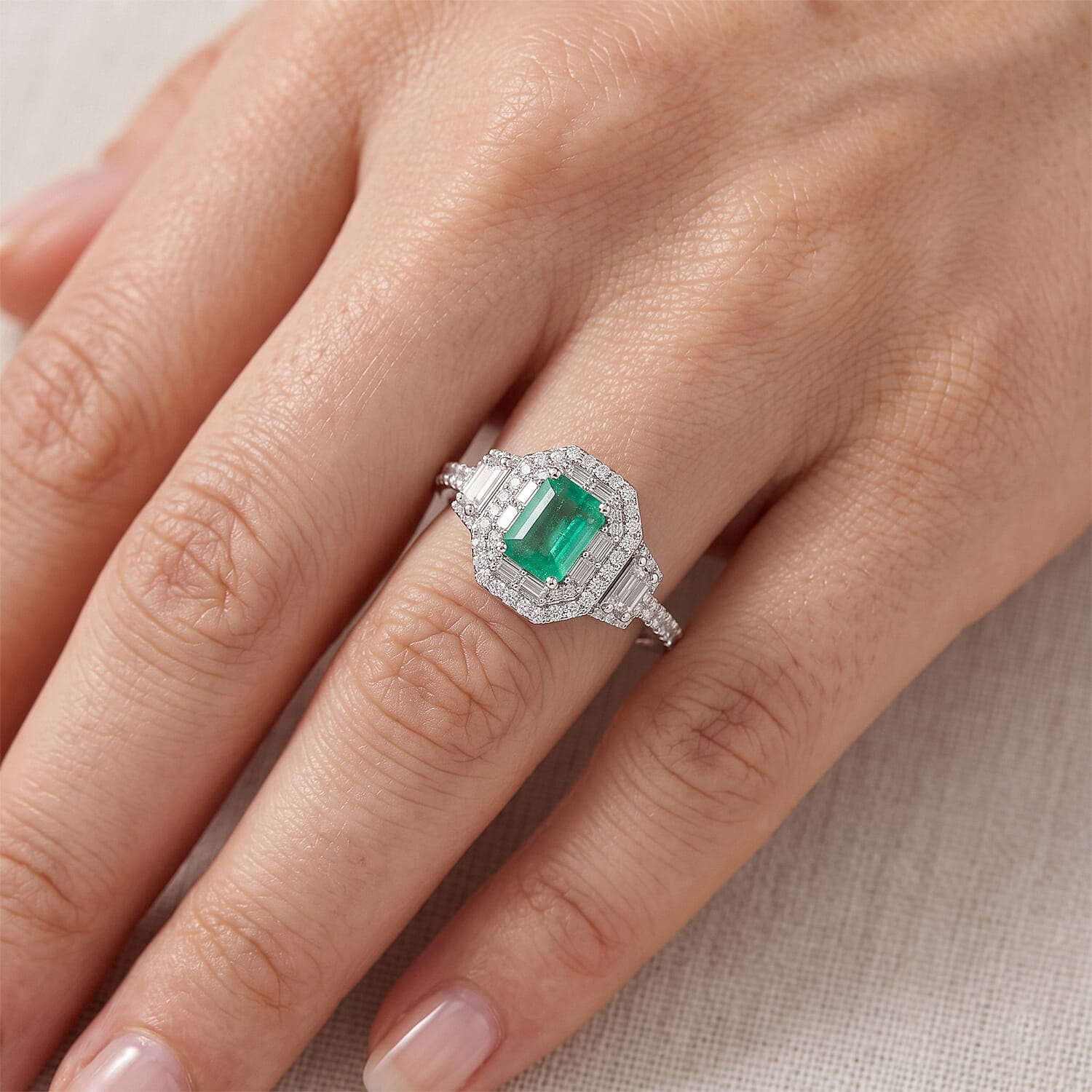 D'Joy Premium Kagem Zambian Emerald and Moissanite 2.60 ctw Octagon Doorway Ring in Rhodium Over Sterling Silver (Size 5.0)