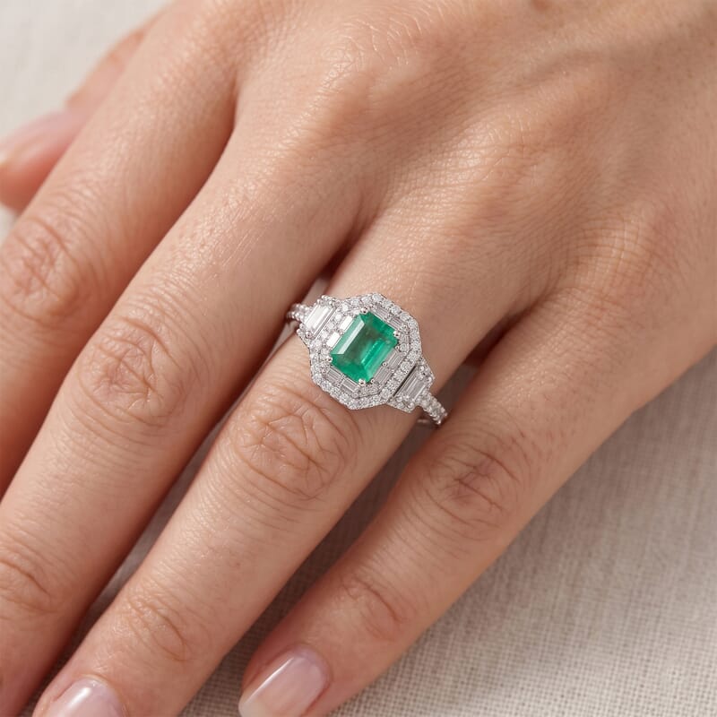 D'Joy Premium Kagem Zambian Emerald and Moissanite 2.60 ctw Octagon Doorway Ring in Rhodium Over Sterling Silver (Size 5.0)