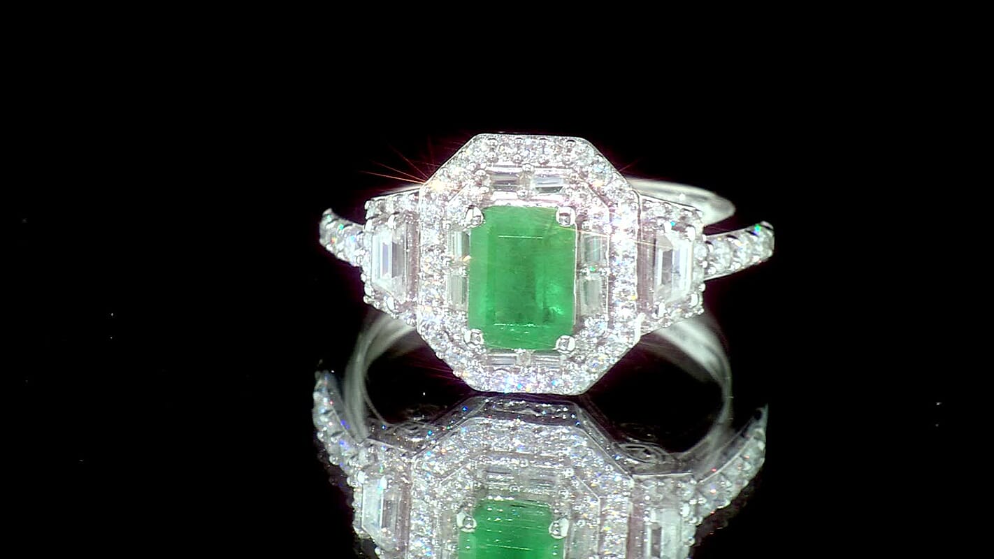 D''Joy Premium Kagem Zambian Emerald, Moissanite Ring in Rhodium Over Sterling Silver (Size 10.0) 2.60 ctw