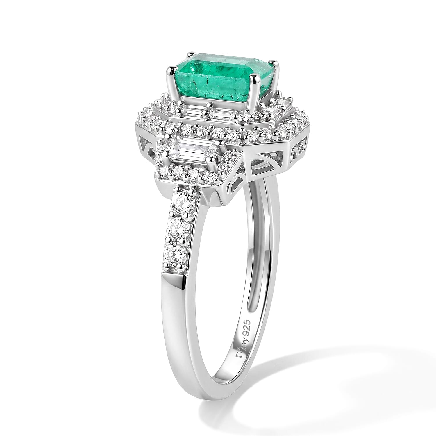 D'Joy Premium Kagem Zambian Emerald and Moissanite 2.60 ctw Octagon Doorway Ring in Rhodium Over Sterling Silver (Size 5.0)