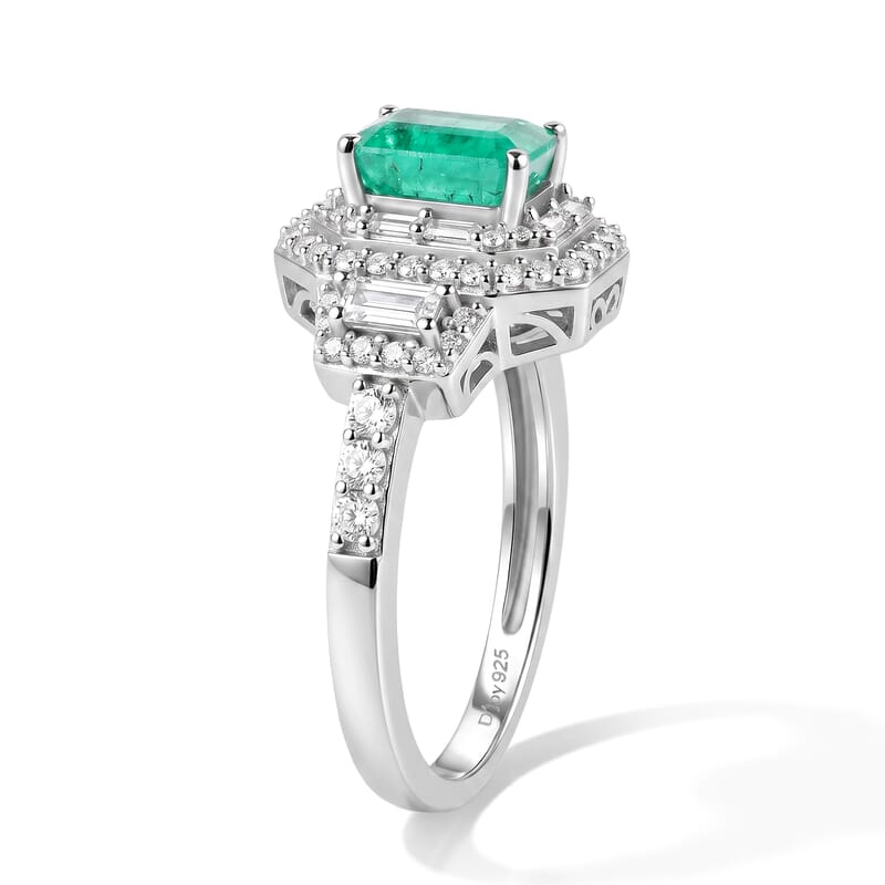 D'Joy Premium Kagem Zambian Emerald and Moissanite 2.60 ctw Octagon Doorway Ring in Rhodium Over Sterling Silver (Size 5.0)
