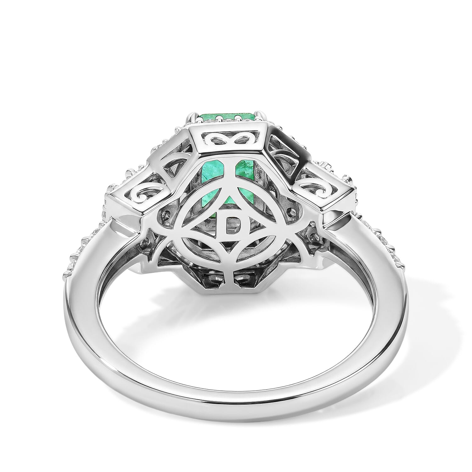 D'Joy Premium Kagem Zambian Emerald and Moissanite 2.60 ctw Octagon Doorway Ring in Rhodium Over Sterling Silver (Size 5.0)