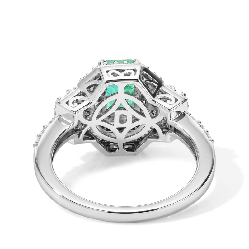 D'Joy Premium Kagem Zambian Emerald and Moissanite 2.60 ctw Octagon Doorway Ring in Rhodium Over Sterling Silver (Size 5.0)