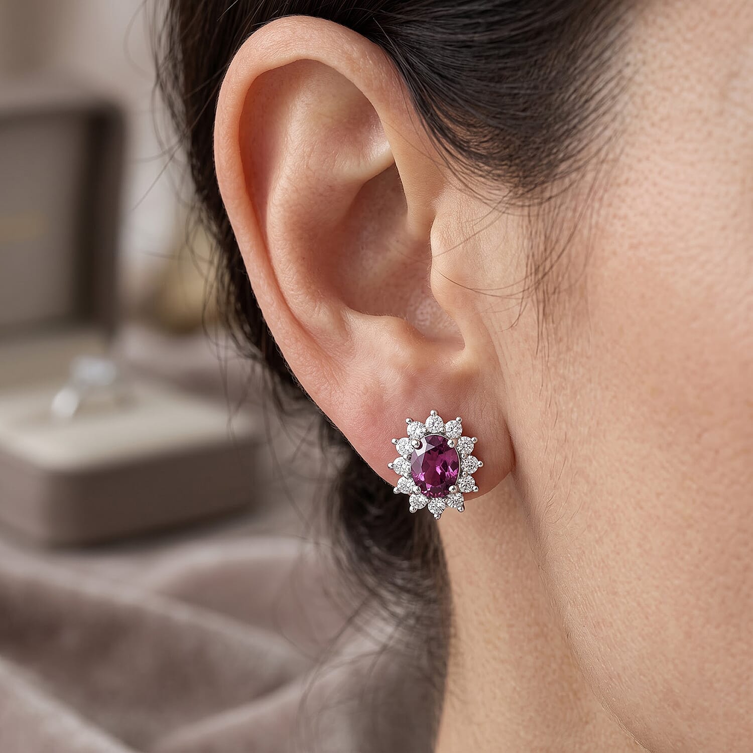 D'Joy Tanzanian Wine Garnet and Moissanite 1.20 ctw Earrings in Rhodium Over Sterling Silver