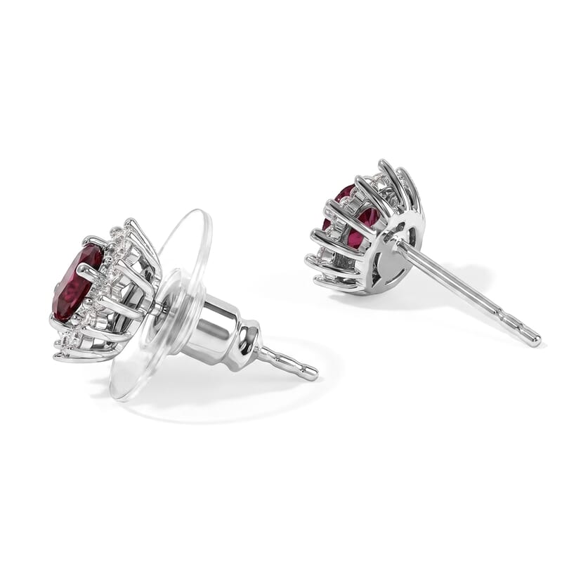 D'Joy Tanzanian Wine Garnet and Moissanite 1.20 ctw Earrings in Rhodium Over Sterling Silver