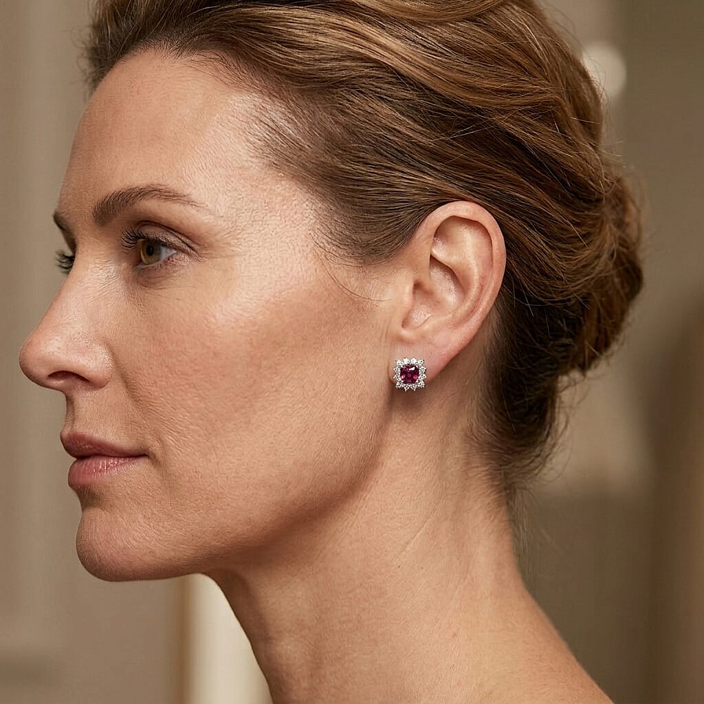 D'Joy Tanzanian Wine Garnet and Moissanite 1.35 ctw Stud Earrings in Rhodium Over Sterling Silver