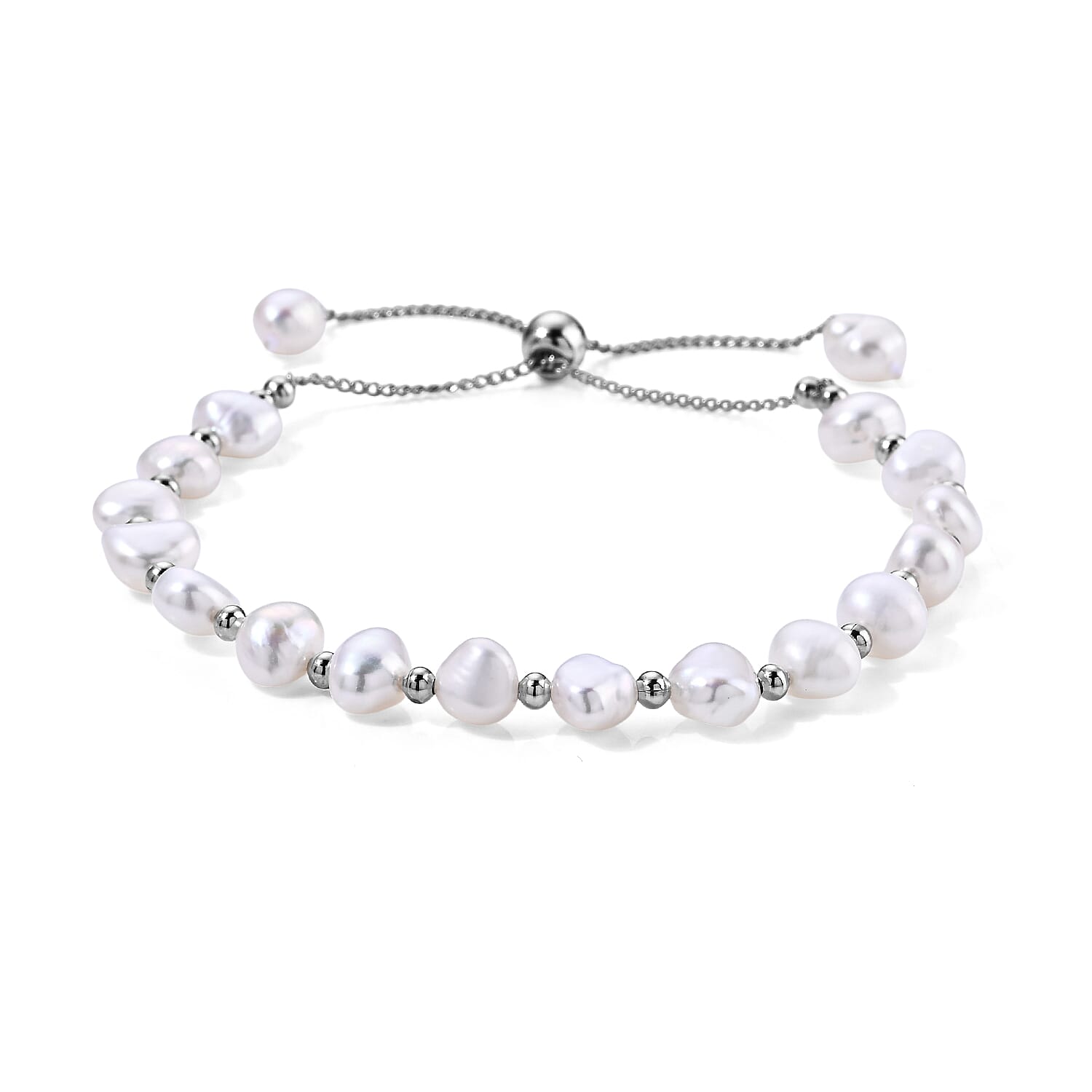 White Freshwater Pearl Bolo Bracelet in Silvertone