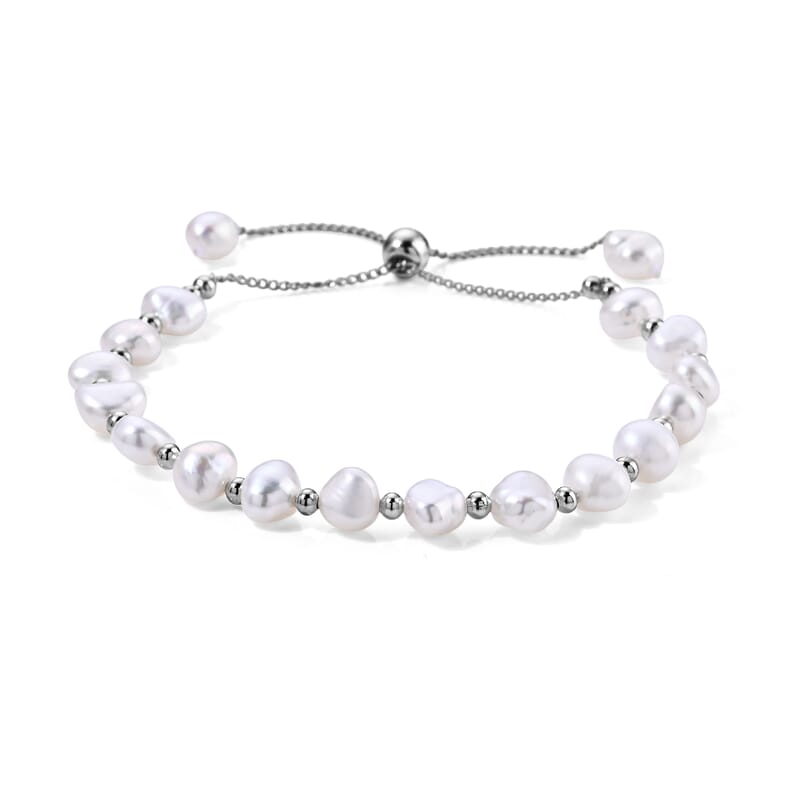 White Freshwater Pearl Bolo Bracelet in Silvertone