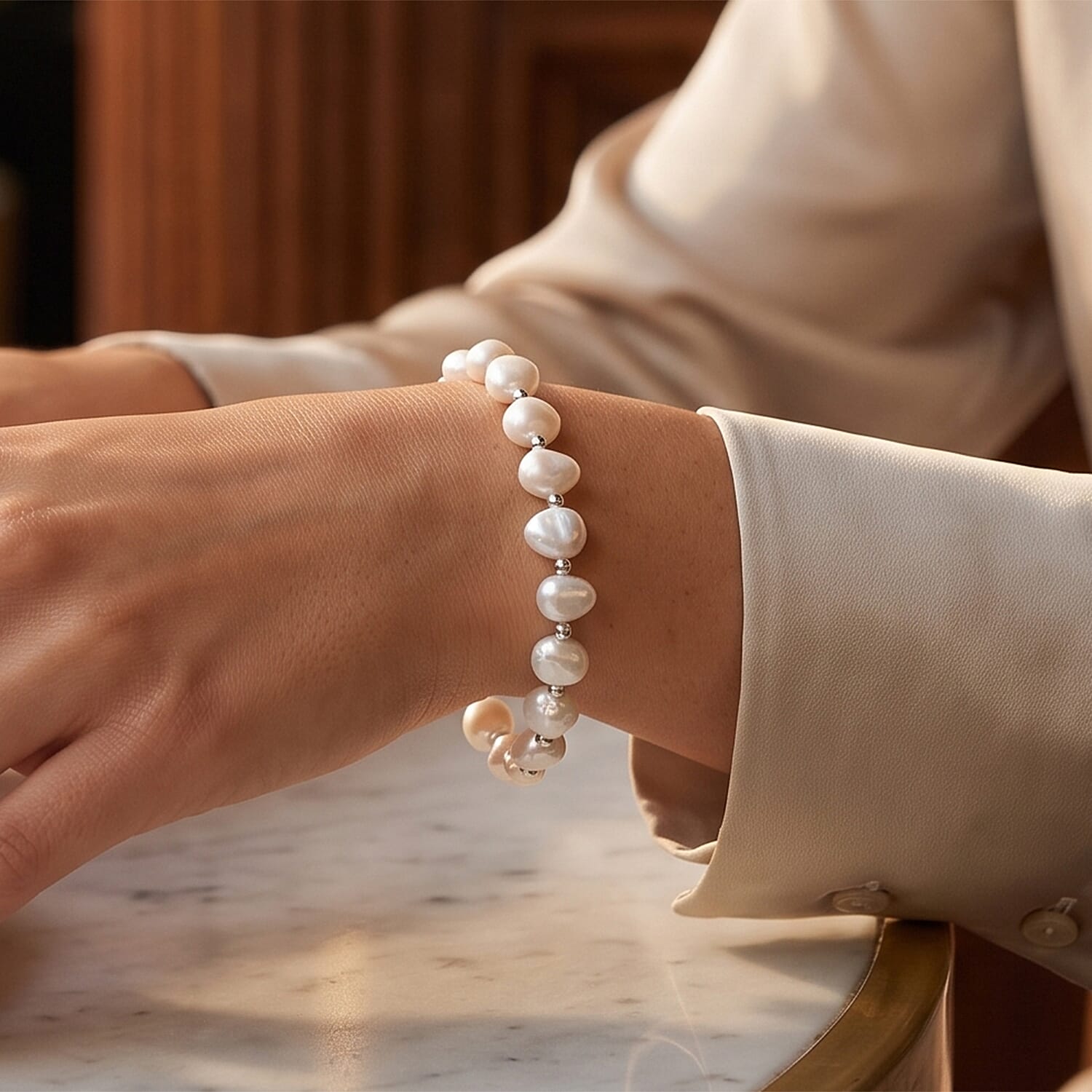 White Freshwater Pearl Bolo Bracelet in Silvertone