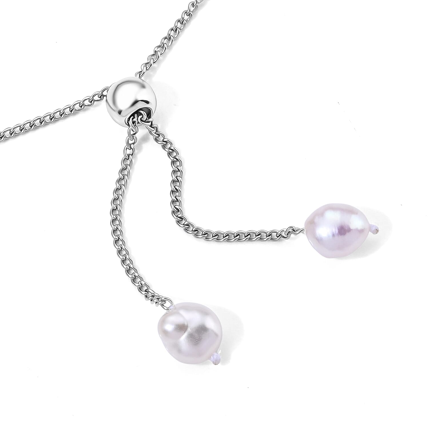 White Freshwater Pearl Bolo Bracelet in Silvertone