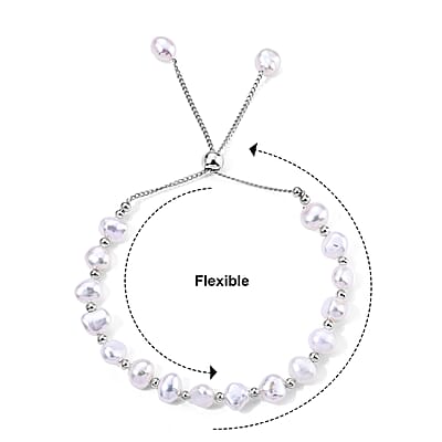 White Freshwater Pearl Bolo Bracelet in Silvertone