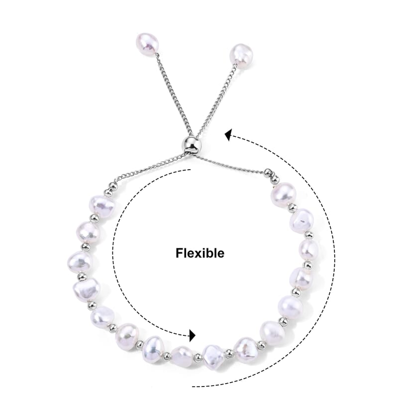 White Freshwater Pearl Bolo Bracelet in Silvertone