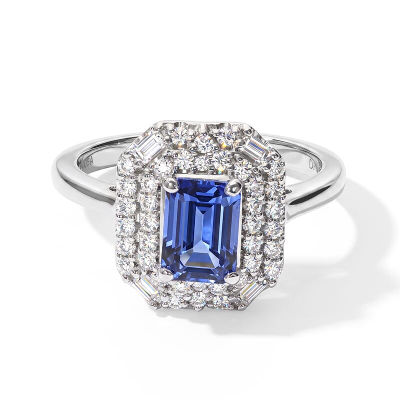 Certified and Appraised D'Joy Premium Tanzanite and Moissanite 1.40 ctw Ring in Rhodium Over Sterling Silver (Size 6.0)