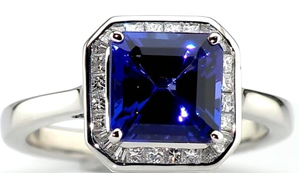 Certified & Appraised Rhapsody Asscher Cut AAAA Tanzanite and White Diamond VS-EF 2.80 ctw Ring in 950 Platinum (Size 6.0) 6.15 Grams