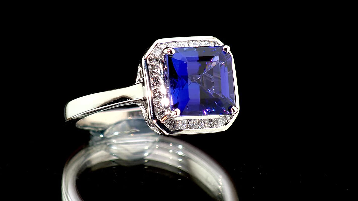 Gem Hunter Certified & Appraised Rhapsody 950 Platinum Asscher Cut AAAA Tanzanite, White Diamond (VS-EF) (0.32 cts) Ring (Size 10.0) (6.15 g) 2.80 ctw