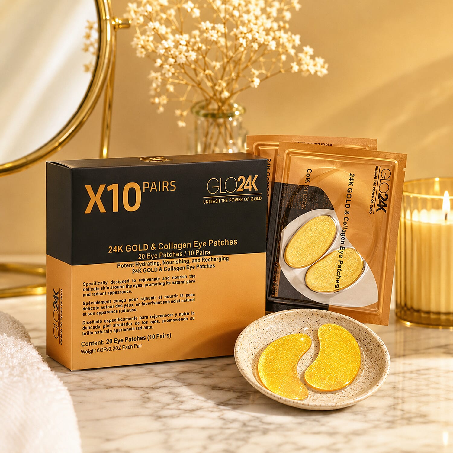 GLO24K Nourishing and Recharging 24k Gold & Collagen Eye Patches -20 count