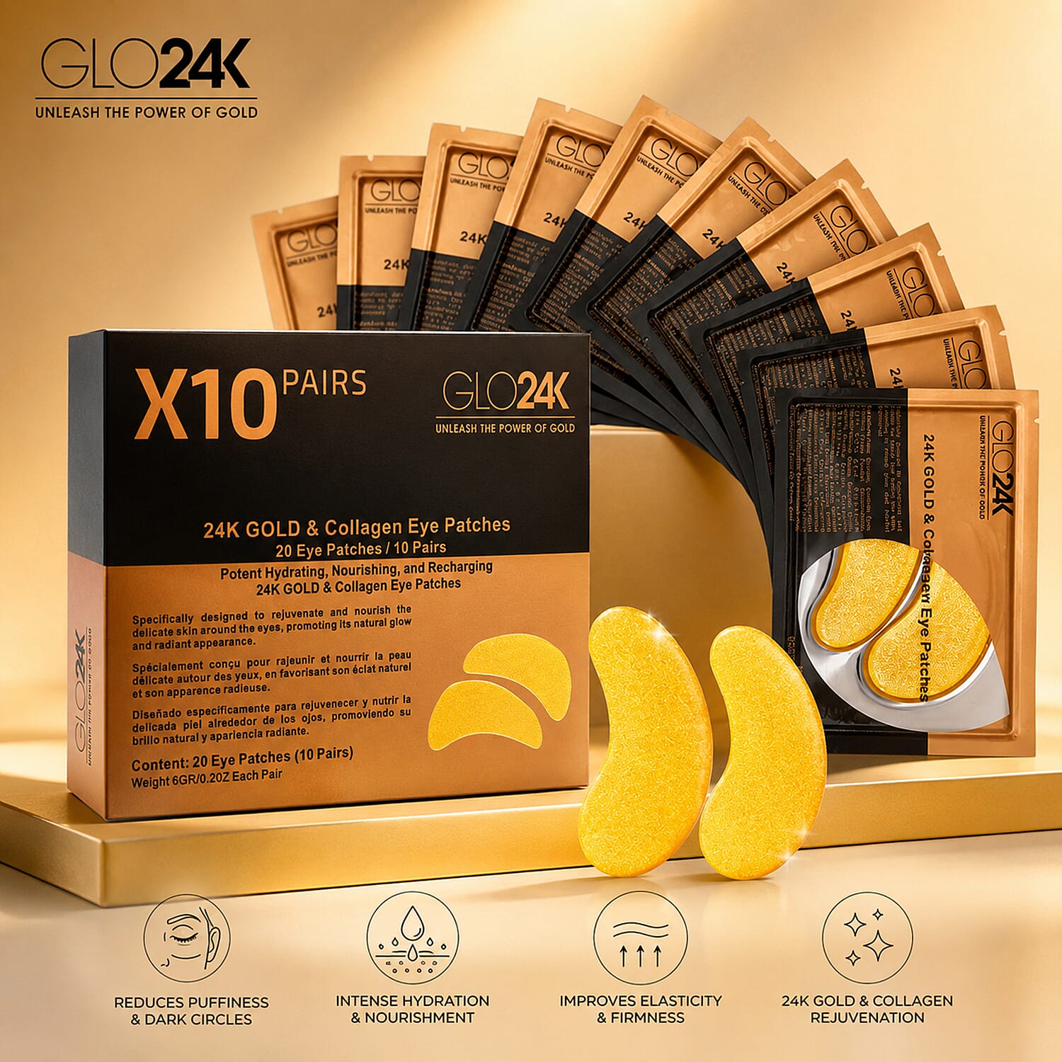 GLO24K Nourishing and Recharging 24k Gold & Collagen Eye Patches -20 count