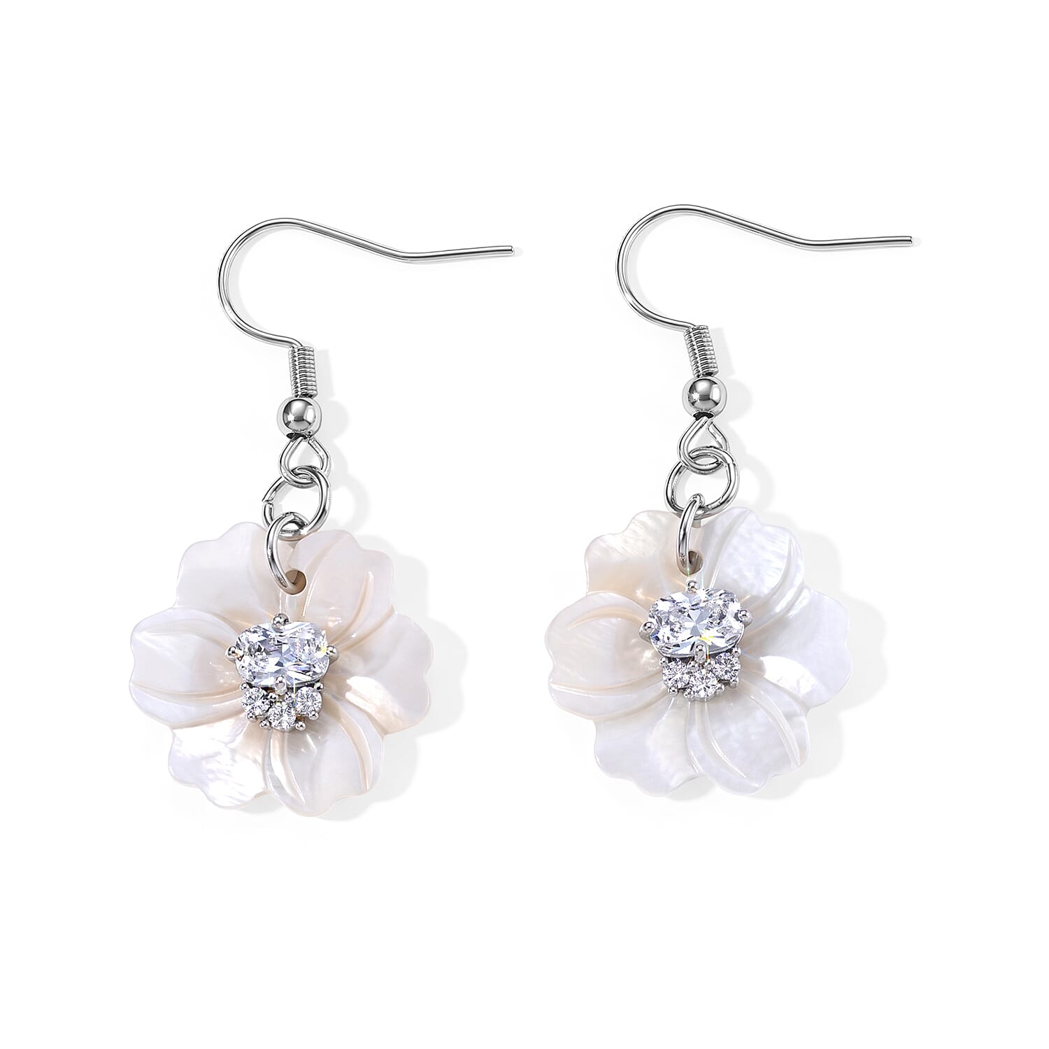 Simulated Diamond and White Shell Pearl Floral Earrings in Silvertone