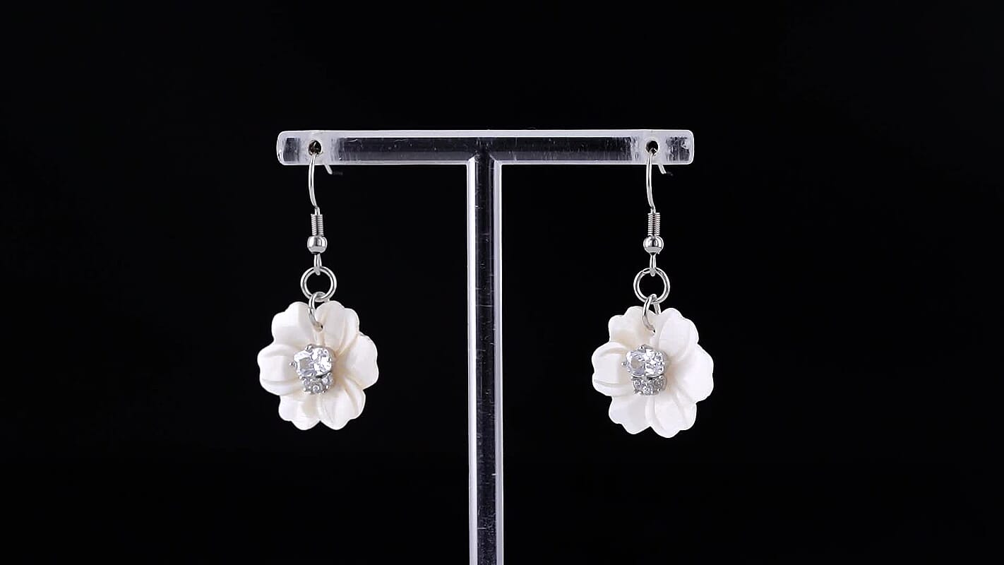 Simulated Diamond and White Shell Pearl Floral Earrings in Silvertone