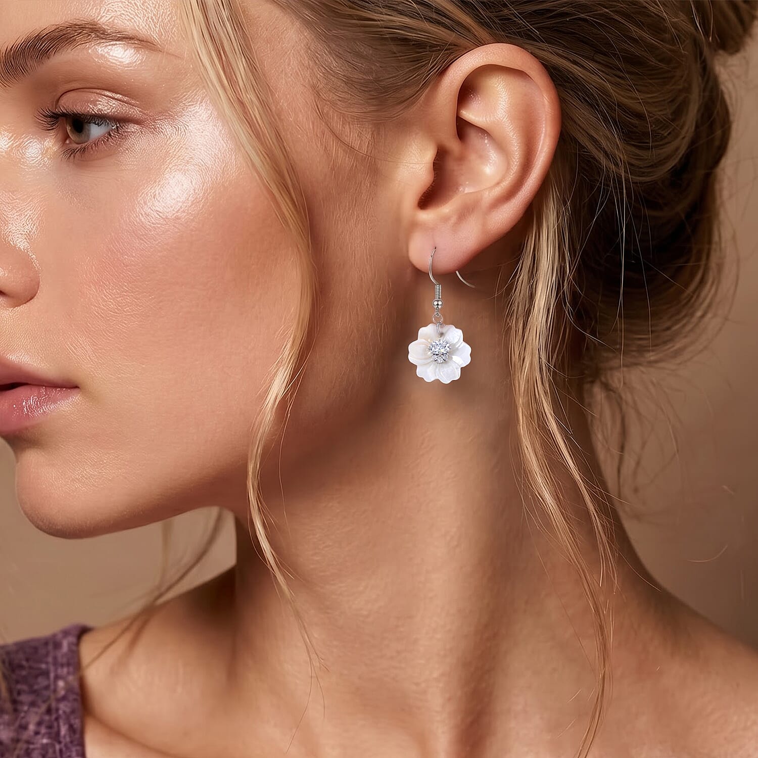 Simulated Diamond and White Shell Pearl Floral Earrings in Silvertone