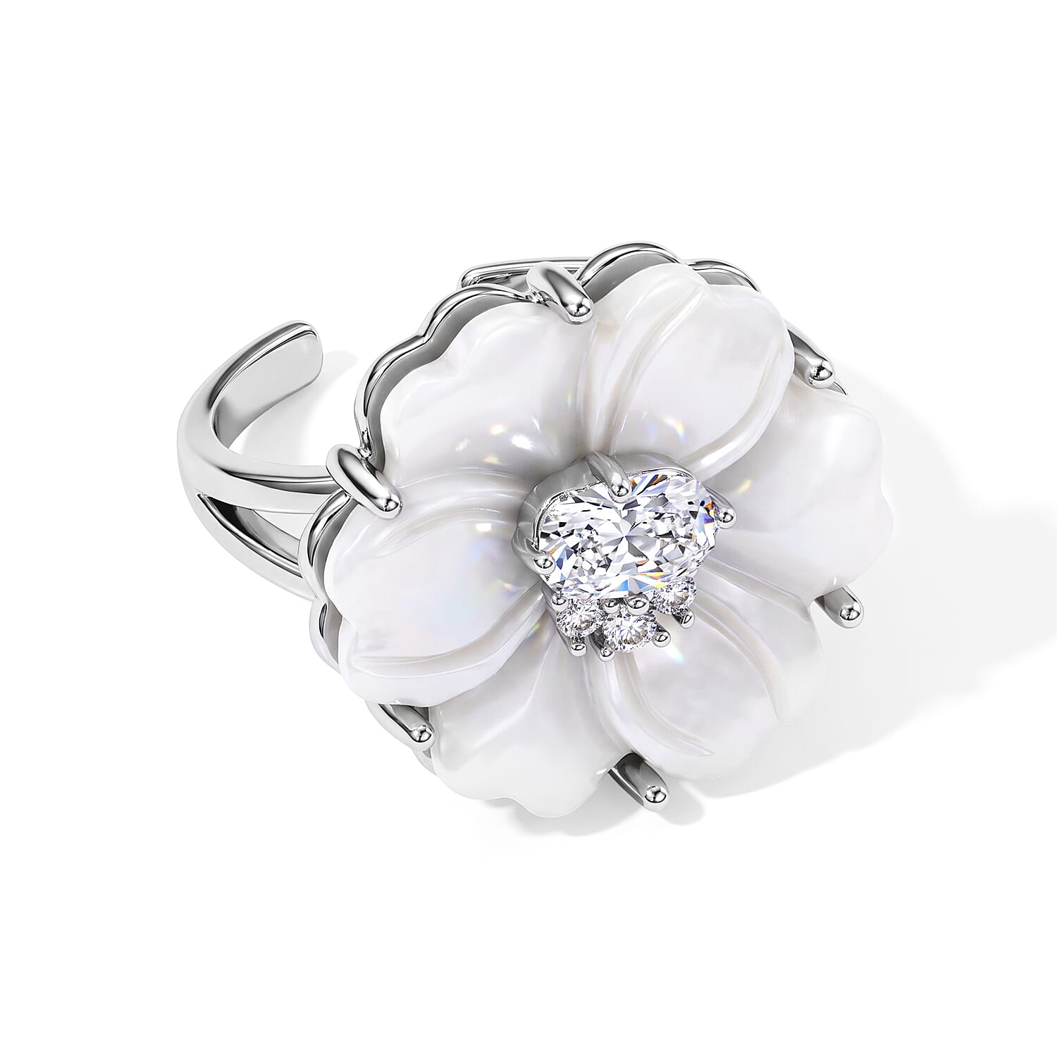 Simulated Diamond and White Shell Pearl Floral Ring in Silvertone (Size 7-9)