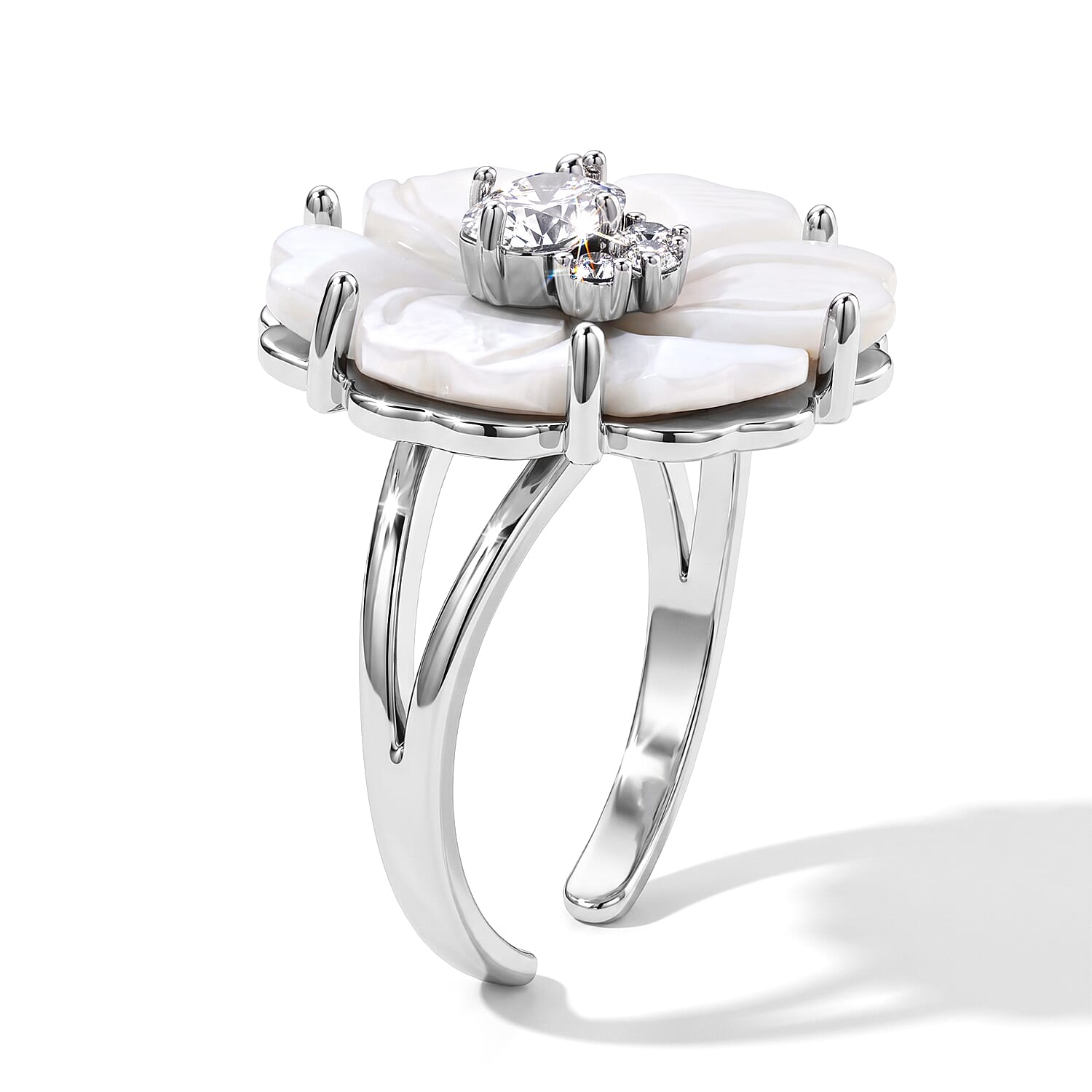 Simulated Diamond and White Shell Pearl Floral Ring in Silvertone (Size 7-9)