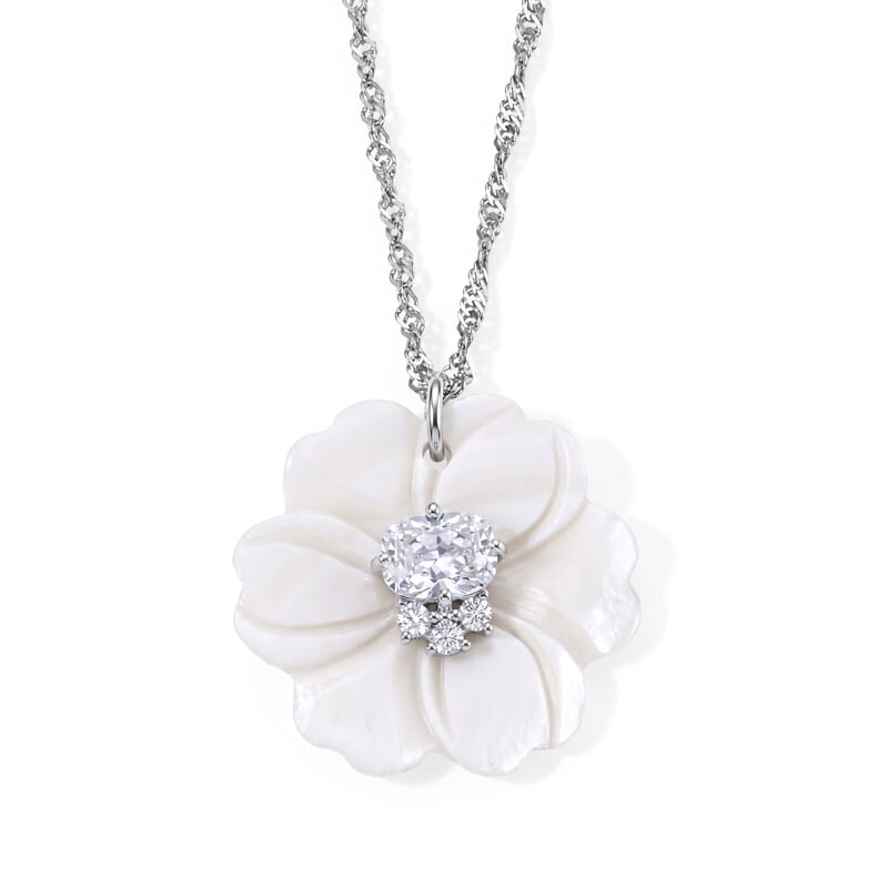 Simulated Diamond and White Shell Pearl Floral Necklace in Silvertone 20-22 Inches