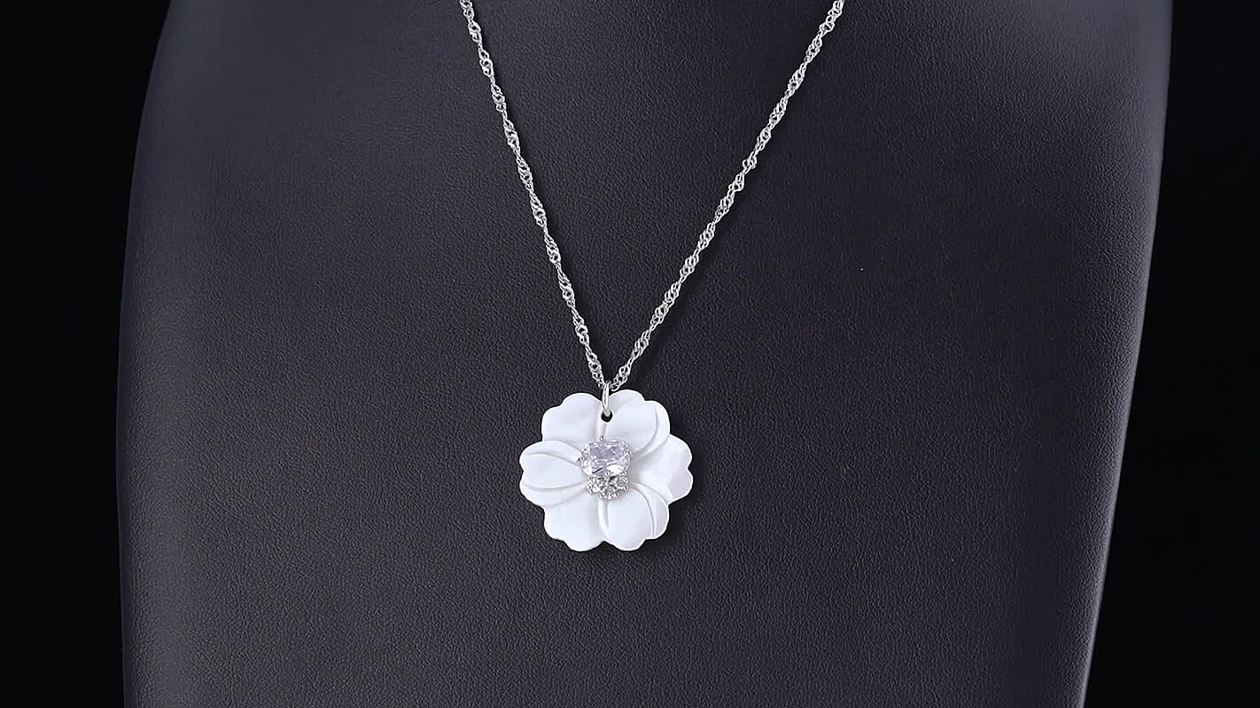 Simulated Diamond and White Shell Pearl Floral Necklace in Silvertone 20-22 Inches