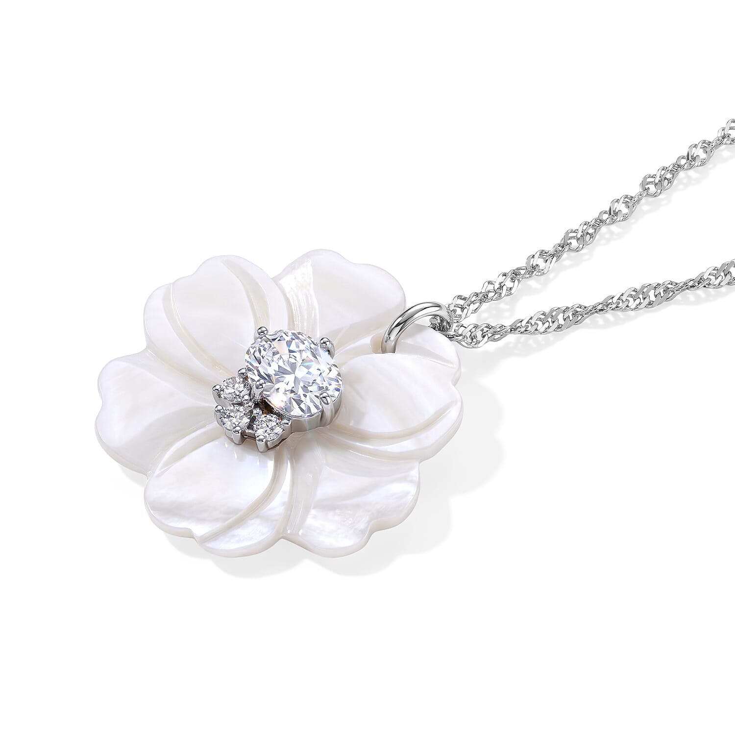 Simulated Diamond and White Shell Pearl Floral Necklace in Silvertone 20-22 Inches