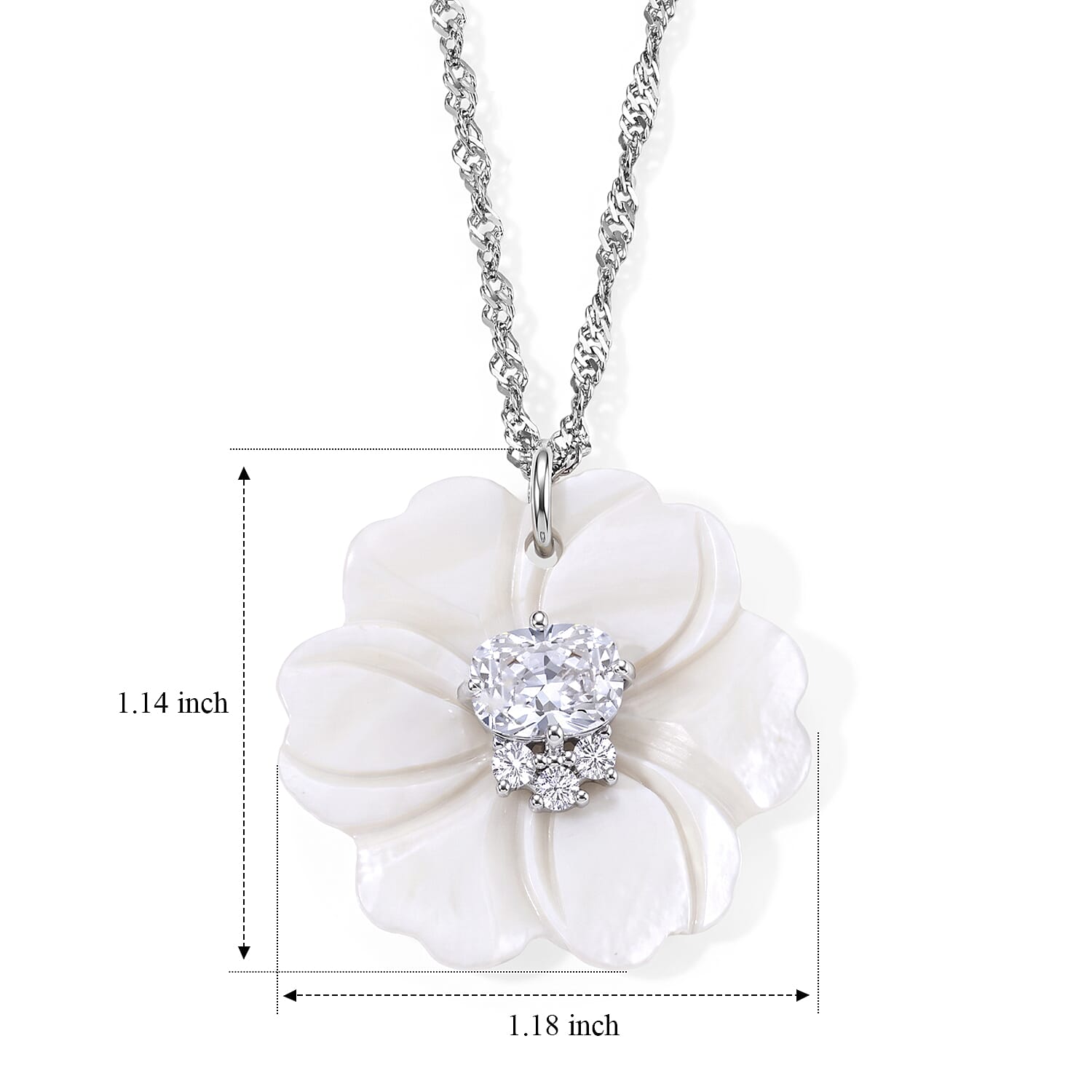 Simulated Diamond and White Shell Pearl Floral Necklace in Silvertone 20-22 Inches