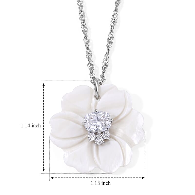 Simulated Diamond and White Shell Pearl Floral Necklace in Silvertone 20-22 Inches