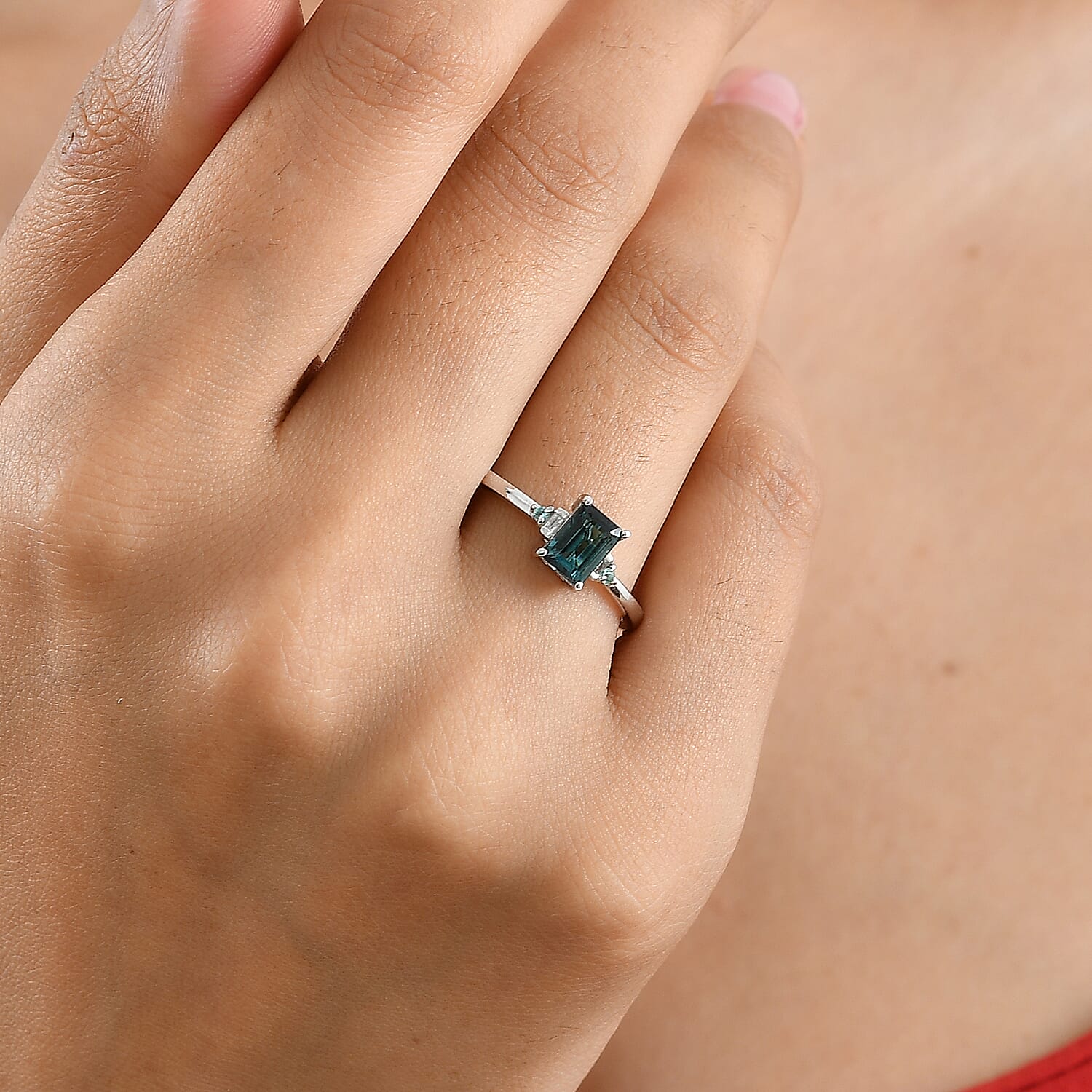 D'Joy Premium Monte Belo Indicolite, Paraiba Tourmaline and Diamond I2 0.75 ctw Trace of Blue Ring in Rhodium Over Sterling Silver (Size 7.0)