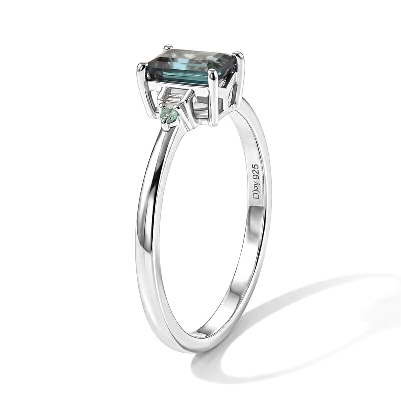 D'Joy Premium Monte Belo Indicolite, Paraiba Tourmaline and Diamond I2 0.75 ctw Trace of Blue Ring in Rhodium Over Sterling Silver (Size 7.0)