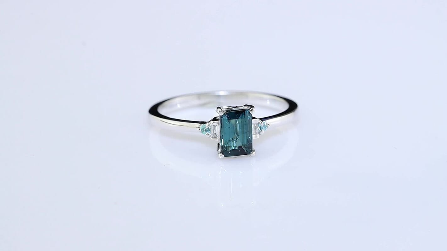 D''Joy Premium Monte Belo Indicolite, Paraiba Tourmaline and Diamond I2 0.75 ctw Ring in Rhodium Over Sterling Silver (Size 9.0)