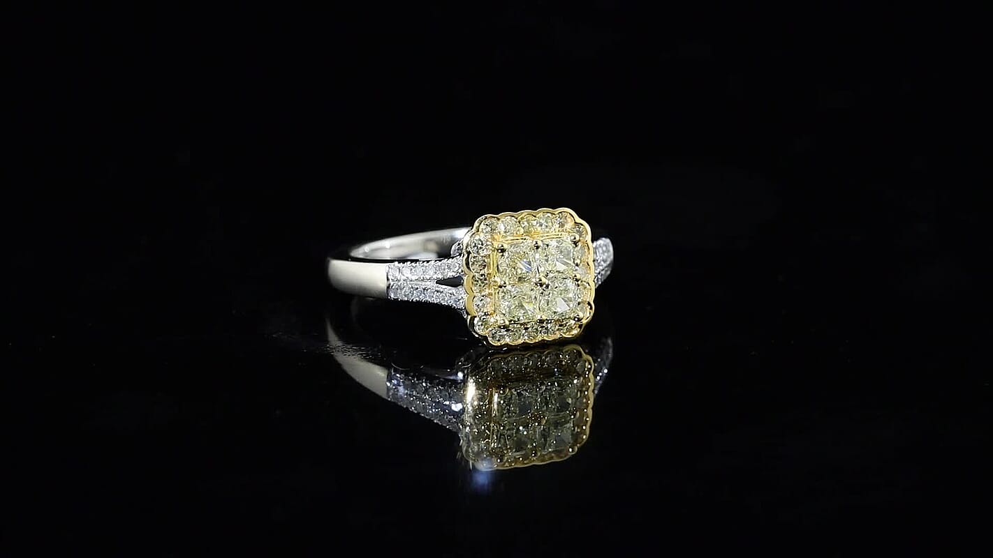SGL Certified Luxoro 14K White Gold Natural Yellow and White Diamond (I2) Cluster Ring (Size 10.0) 1.00 ctw