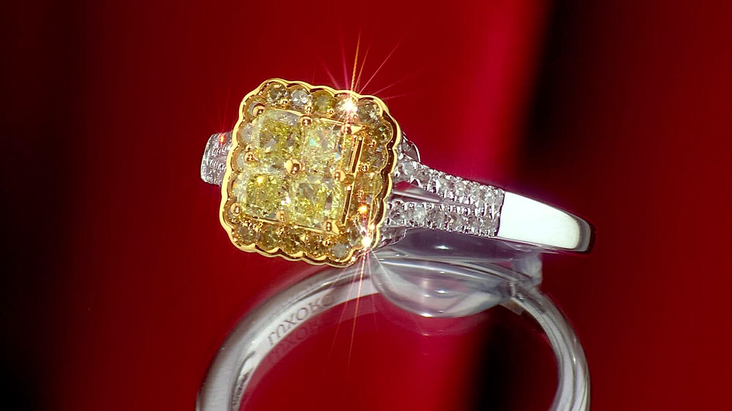 SGL Certified Luxoro 14K White Gold Natural Yellow and White Diamond (I2) Cluster Ring (Size 10.0) 1.00 ctw