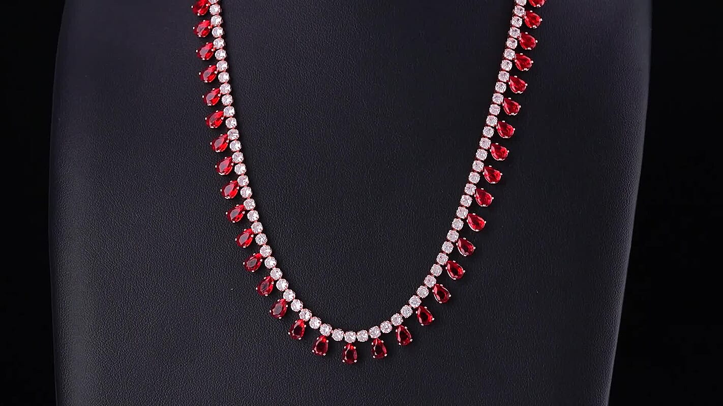 Red Austrian Crystal and Simulated Diamond Necklace (20-22 Inches) in Rosetone